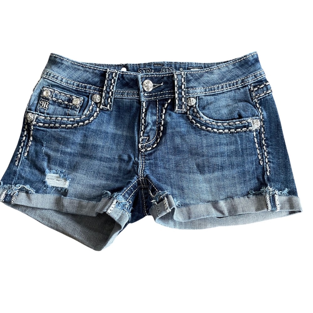 Miss Me Signature Shorts Womens 26 Medium Wash Distressed Thick Stitch